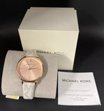 Michael Kors Jayne Three Hand Rose Gold Dial White Leather Strap Watch For Women - MK7128