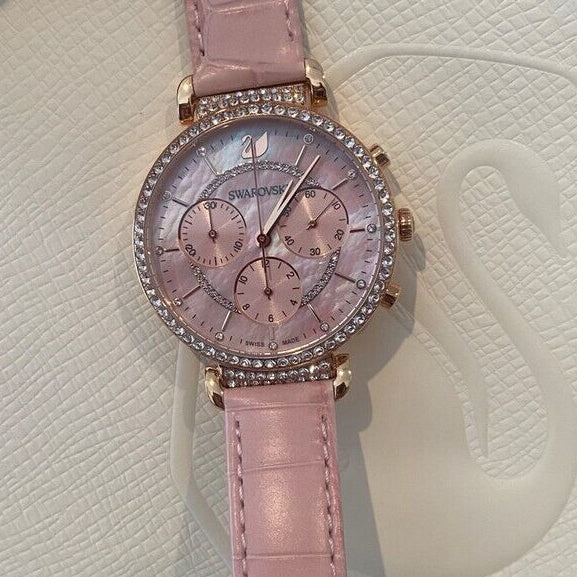 Swarovski Passage Chrono Pink Dial Pink Leather Strap Watch for Women