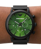 Emporio Armani Luigi Chronograph Green Dial Black Mesh Bracelet Watch For Men - AR11470