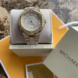 Michael Kors Lennox Three Hand Crystals White Dial Gold Steel Strap Watch For Women - MK6991