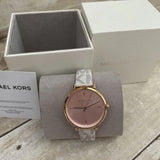 Michael Kors Jayne Three Hand Rose Gold Dial White Leather Strap Watch For Women - MK7128