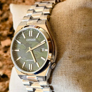 Citizen Tsuyosa Automatic Camouflage Green Dial Silver Steel Strap Watch For Men - NJ0159-86X