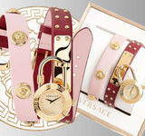 Versace Medusa Lock Icon Gold Dial Red Leather Strap Watch for Women - VEDW00319