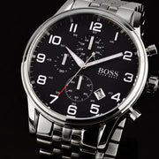 Hugo Boss Aeroliner Chronograph Black Dial Silver Steel Strap Watch For Men - 1512446