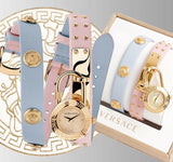 Versace Medusa Lock Icon Quartz Gold Dial Pink & Blue Leather Strap Watch For Women - VEDW00219