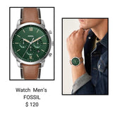 Fossil Neutra Chronograph Green Dial Brown Leather Strap Watch for Men - FS5735