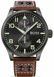 Hugo Boss Aeroliner Day Date Black Dial Brown Leather Strap Watch For Men - HB1513079