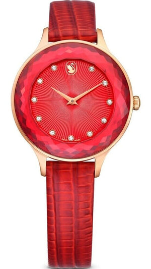 Swarovski Octea Nova Quartz Red Dial Red Leather Strap Watch for Women - 5650002