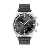 Hugo Boss Pioneer Chronograph Black Dial Black Leather Strap Watch For Men - 1513708