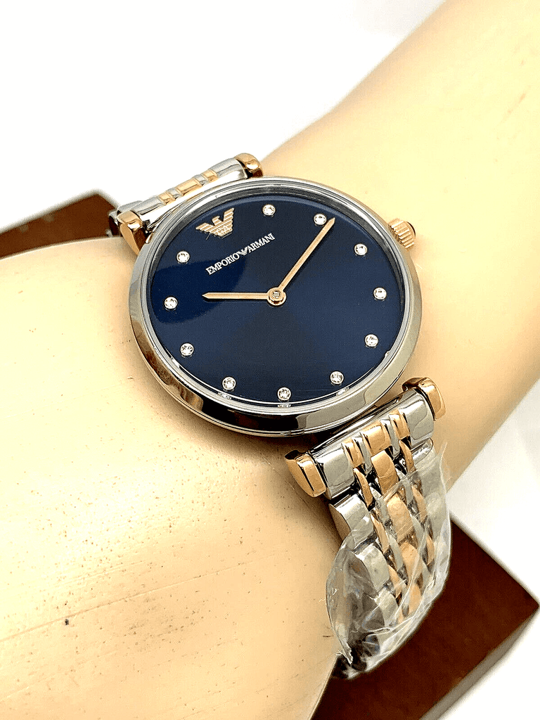 Emporio Armani Gianni T Bar Crystal Blue Dial Two Tone Steel Strap