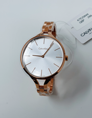 Calvin Klein Graphic Silver Dial Rose Gold Steel Strap Watch for Women - K7E23646