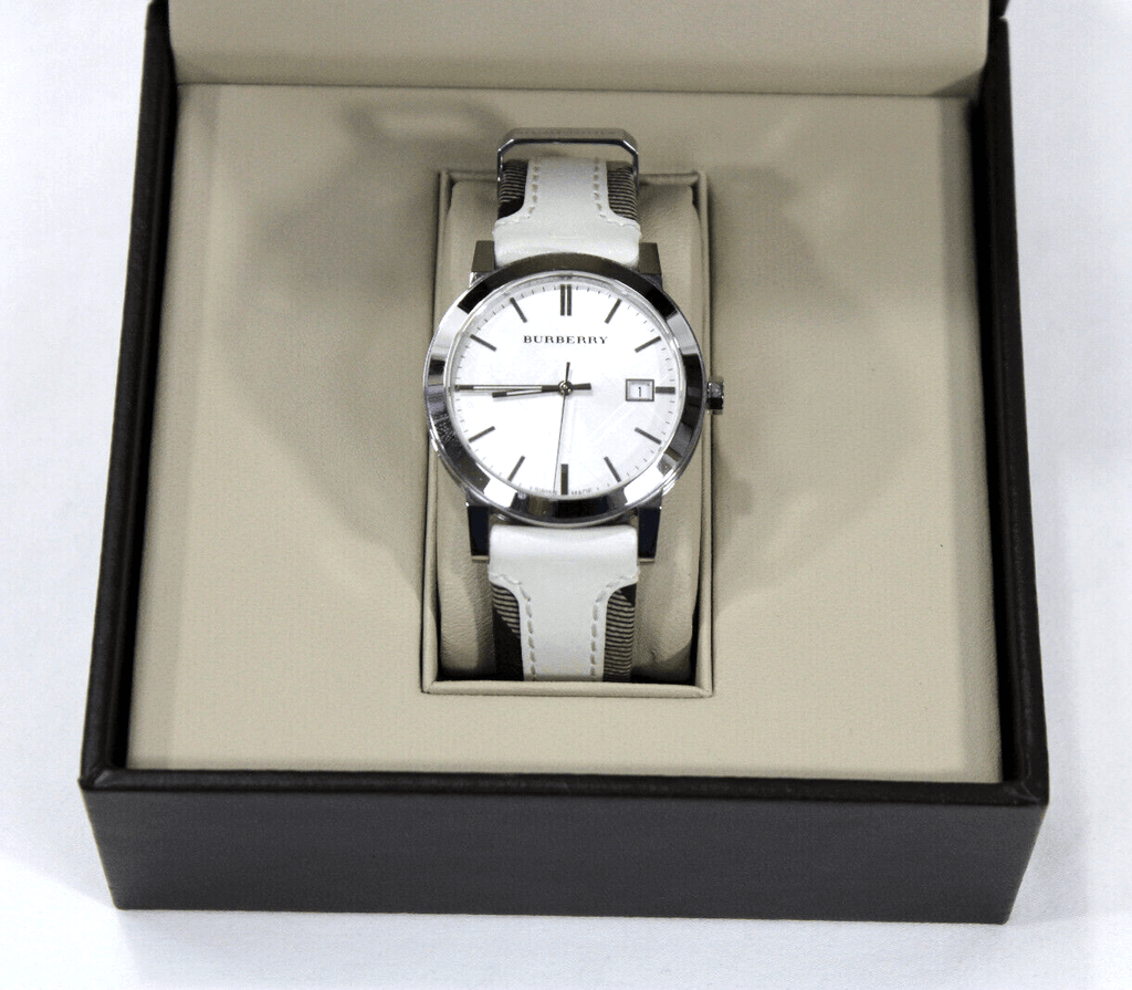 Burberry The City Silver Dial White Leather Strap Watch for Women