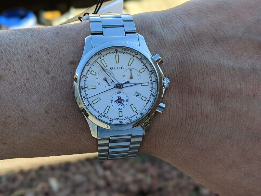 Gucci G Timeless Chronograph White Dial Silver Steel Strap Watch