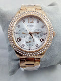 Guess Bedazzle Diamonds Silver Dial Rose Gold Steel Strap Watch For Women - W1097L3