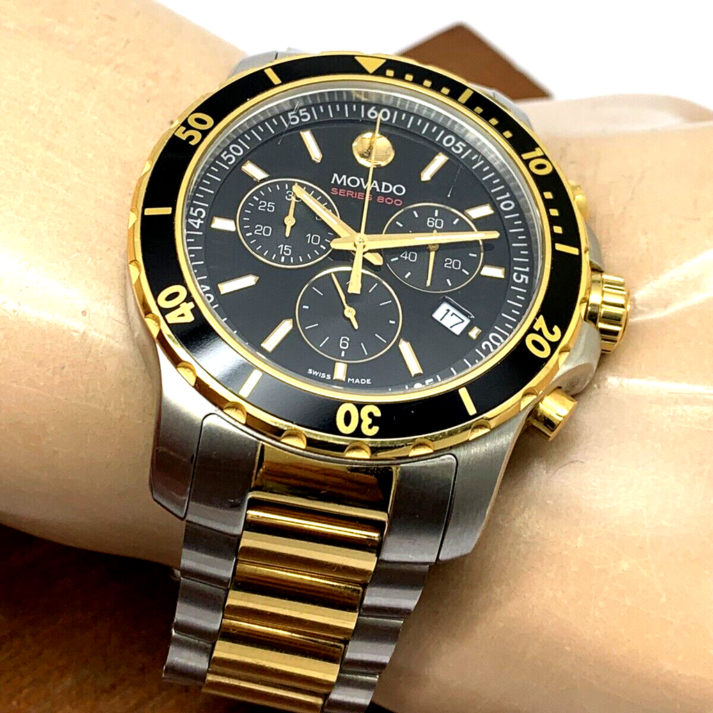 Movado Series 800 Chronograph Black Dial Two Tone Steel Strap Watch For Men Watch for Men