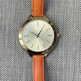 Michael Kors Runway Quartz Gold Dial Orange Leather Strap Watch For Women - MK2275