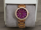 Michael Kors Mini Parker Multi-Function Plum Mother of Pearl Dial Rose Gold Steel Strap Watch For Women - MK6403