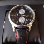 Hugo Boss Aeroliner Black Dial Black Leather Strap Watch for Men - 1512631