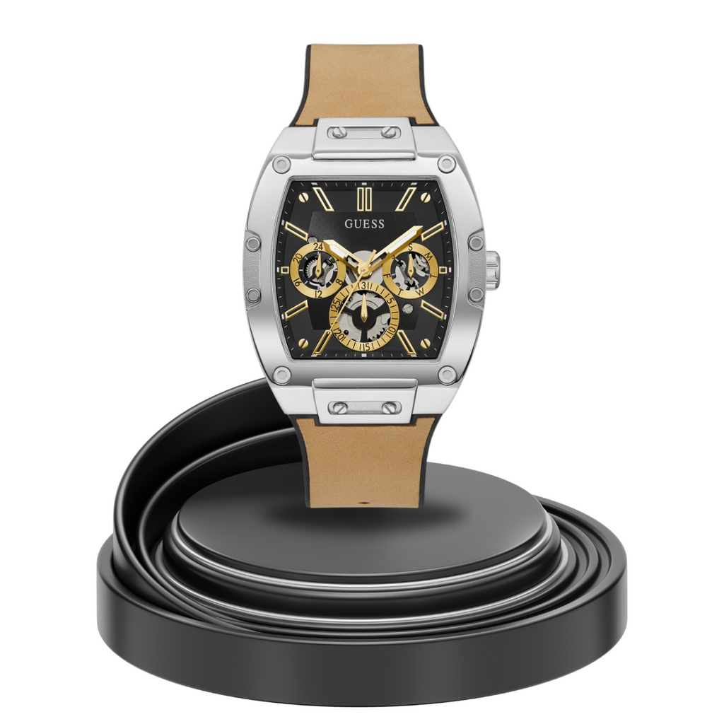 Guess Phoenix Multifunction Black Dial Brown Leather Strap Watch for Men