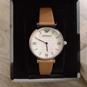 Emporio Armani Gianni T-Bar White Dial Brown Leather Strap Watch for Women - AR1988