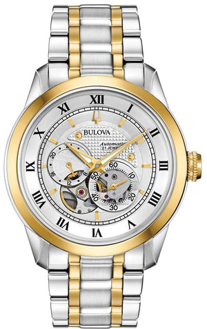 Bulova BVA Skeleton Silver Dial Two Tone Steel Strap Watch for Men - 98A230