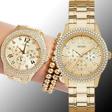 Guess Bedazzle Diamonds Gold Dial Gold Steel Strap Watch For Women - W1097L2