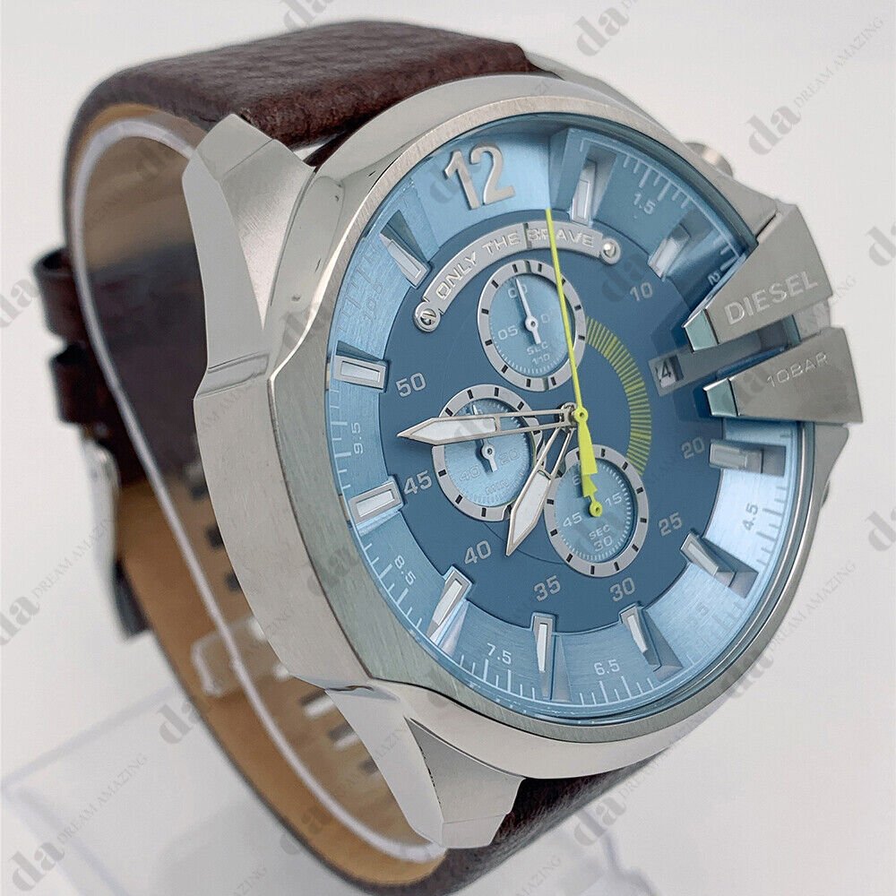 Diesel Mega Chief Chronograph Blue Dial Brown Leather Strap Watch For