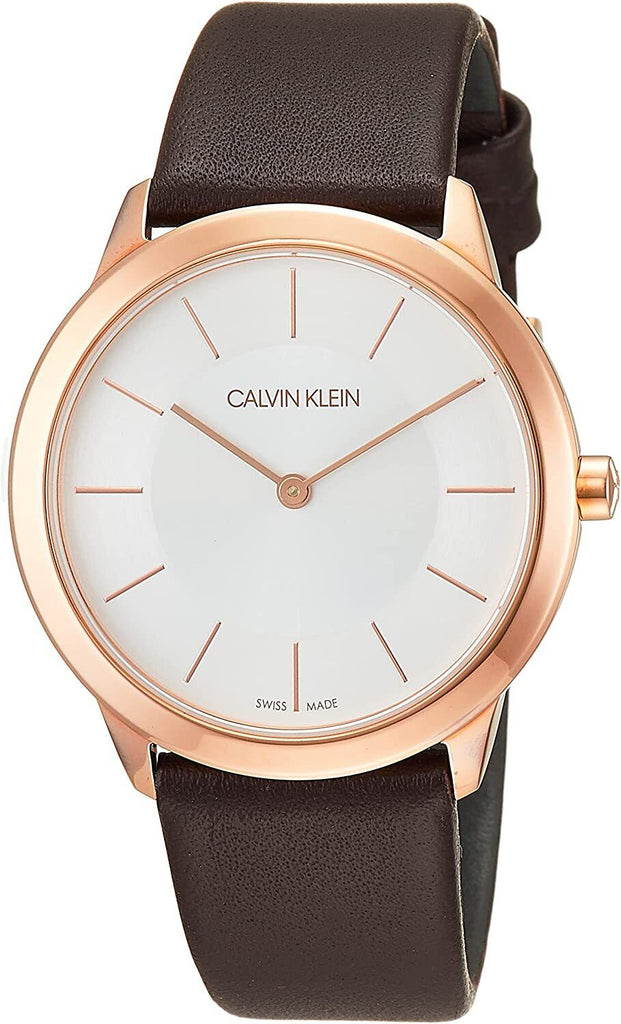 Calvin Klein Minimal White Dial Brown Leather Strap Watch for Women