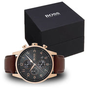 Hugo Boss Navigator Chronograph Grey Dial Brown Leather Strap Watch for Men - 1513496