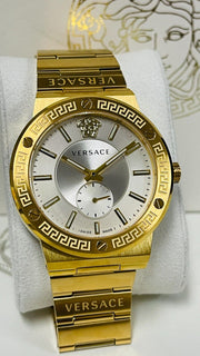 Versace Greca Silver Dial Gold Steel Strap Watch for Men - VEVI00520
