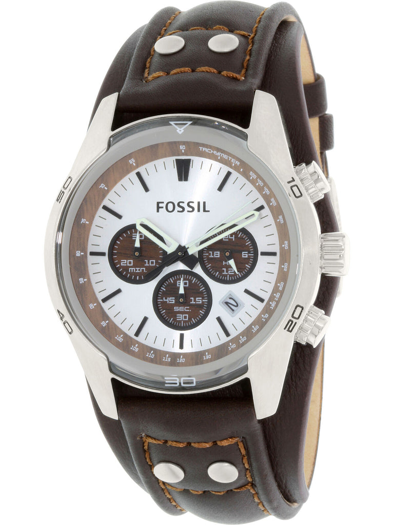 Fossil Coachman Chronograph Silver Leather Watch for Brown Dial Strap Men