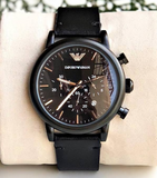 Emporio Armani Dress Chronograph Black Dial Black Leather Strap Watch For Men - AR1918