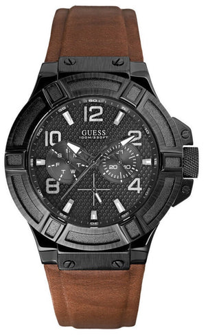 Guess Rigor Analog Black Dial Brown Leather Strap Watch For Men - W0040G8