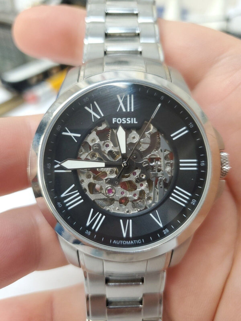 Fossil Grant Automatic Skeleton Black Dial Silver Steel Strap