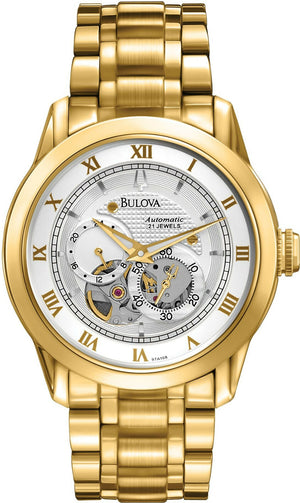 Bulova BVA Skeleton Silver Dial Gold Steel Strap Watch for Men - 97A108