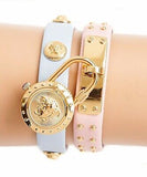 Versace Medusa Lock Icon Quartz Gold Dial Pink & Blue Leather Strap Watch For Women - VEDW00219