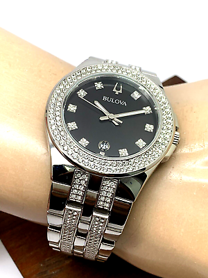 Bulova Crystal Collection Black Dial Silver Steel Strap Watch for Men