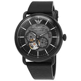 Emporio Armani Meccanico Automatic Skeleton Dial Black Leather Strap Watch For Men - AR60008