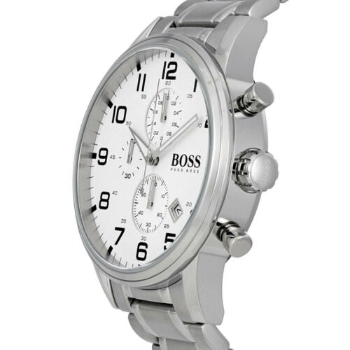 Hugo Boss Aeroliner Chronograph White Dial Silver Steel Strap Watch for Men - 1513182