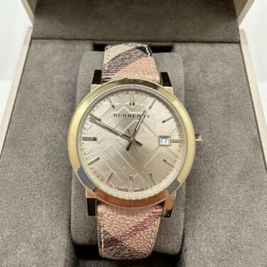 Burberry The City Gold Dial Haymarket Brown Leather Strap Watch for Wo