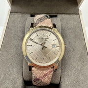 Burberry The City Gold Dial Haymarket Brown Leather Strap Watch for Women - BU9026