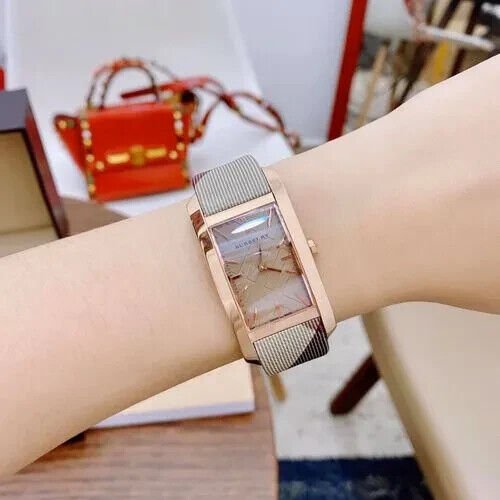 Burberry The Pioneer Rose Gold Dial Haymarket Brown Leather Strap