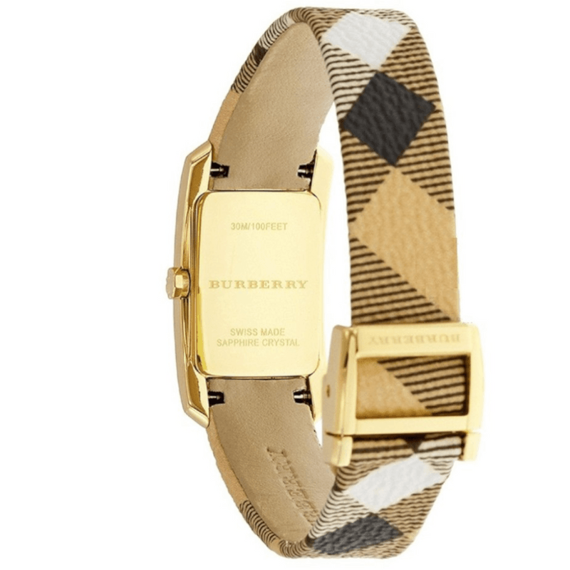 Burberry Pioneer Gold Dial Haymarket Beige Leather Strap Watch for
