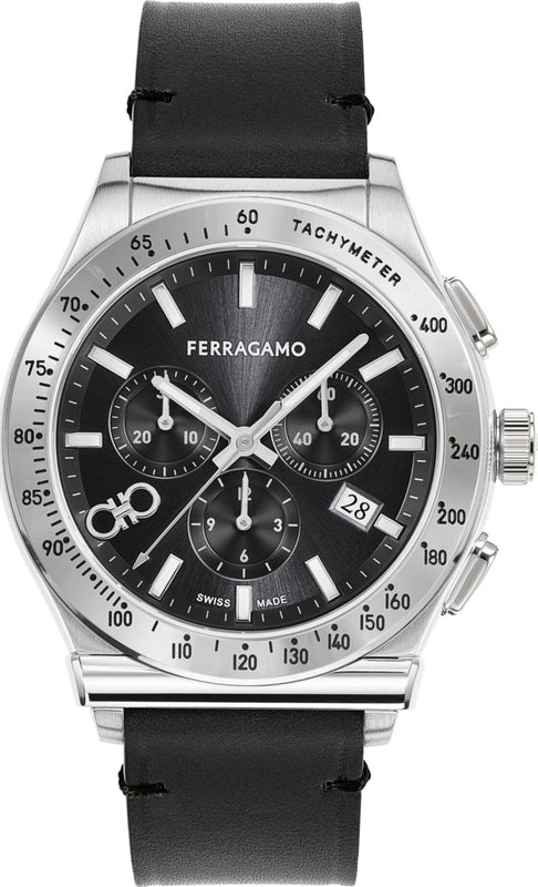 Salvatore Ferragamo 1927 Chrono Analog Black Dial Black Leather Strap Watch for Men - SFKZ00123