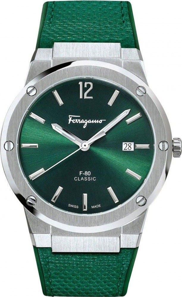 Salvatore Ferragamo F-80 Classic Green Dial Green Leather Strap Watch