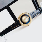 Versace Shadov Quartz Gold Dial Black Leather Strap Watch for Women - VEBM01118