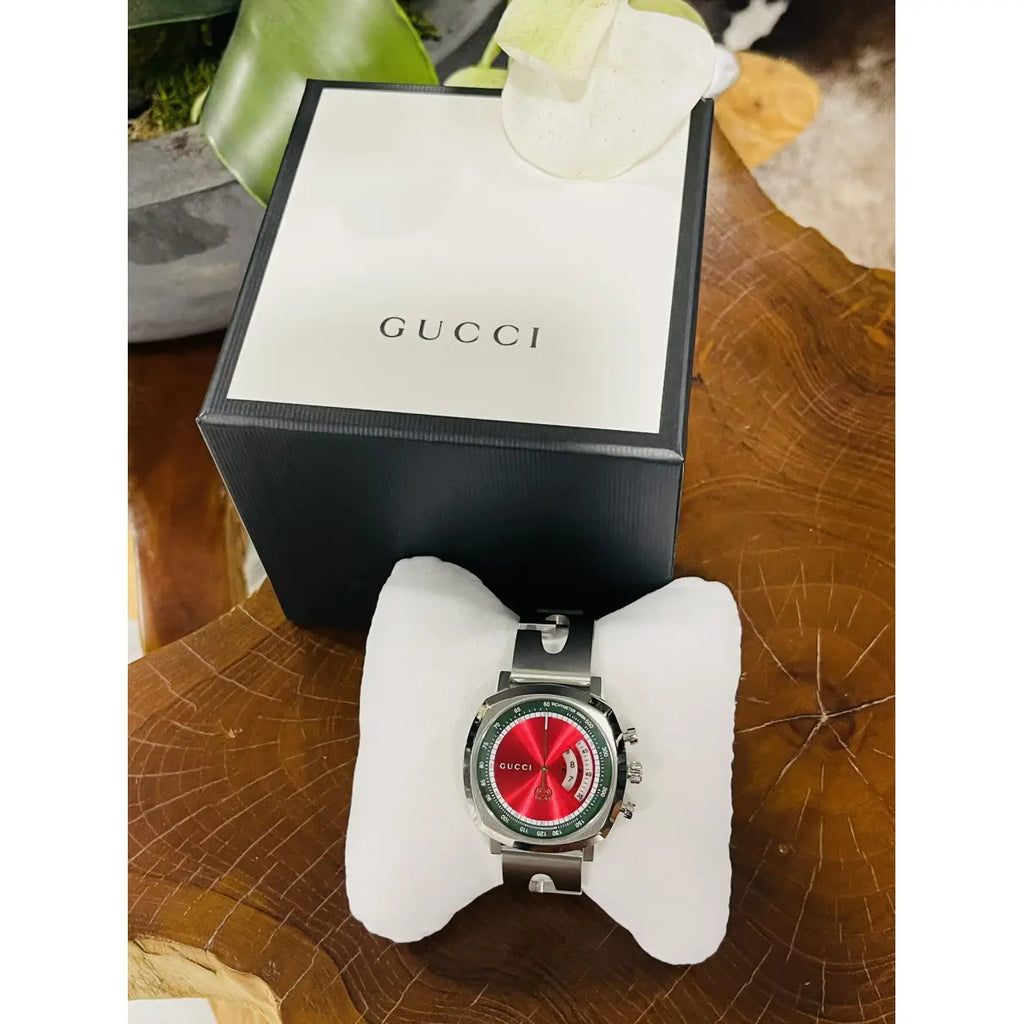 Gucci Grip Quartz Chronograph Red Dial Silver Steel Strap Watch For Men