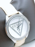Guess Mini Triangle Quartz Diamonds Silver Dial White Leather Strap Watch For Women - W65006L1