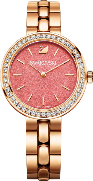 Swarovski Daytime Quartz Coral Dial Rose Gold Steel Strap Watch 