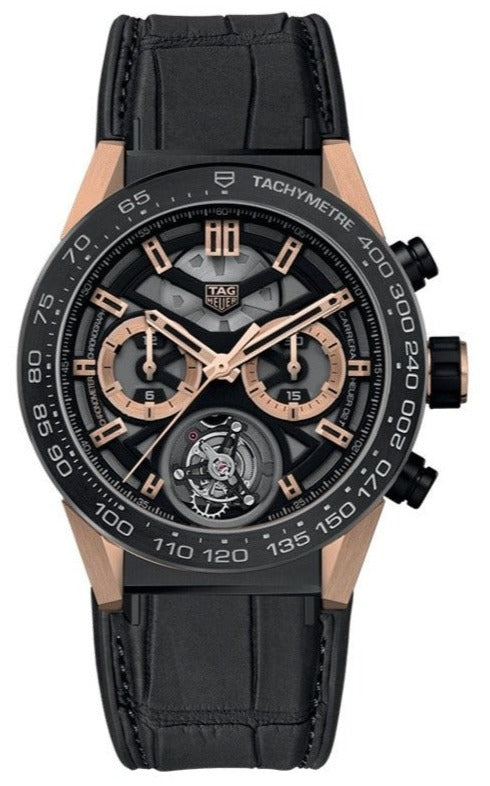 Tag Heuer Carrera Chronograph Tourbillion Titianium Gold Black Dial Black Leather Strap Watch for Men